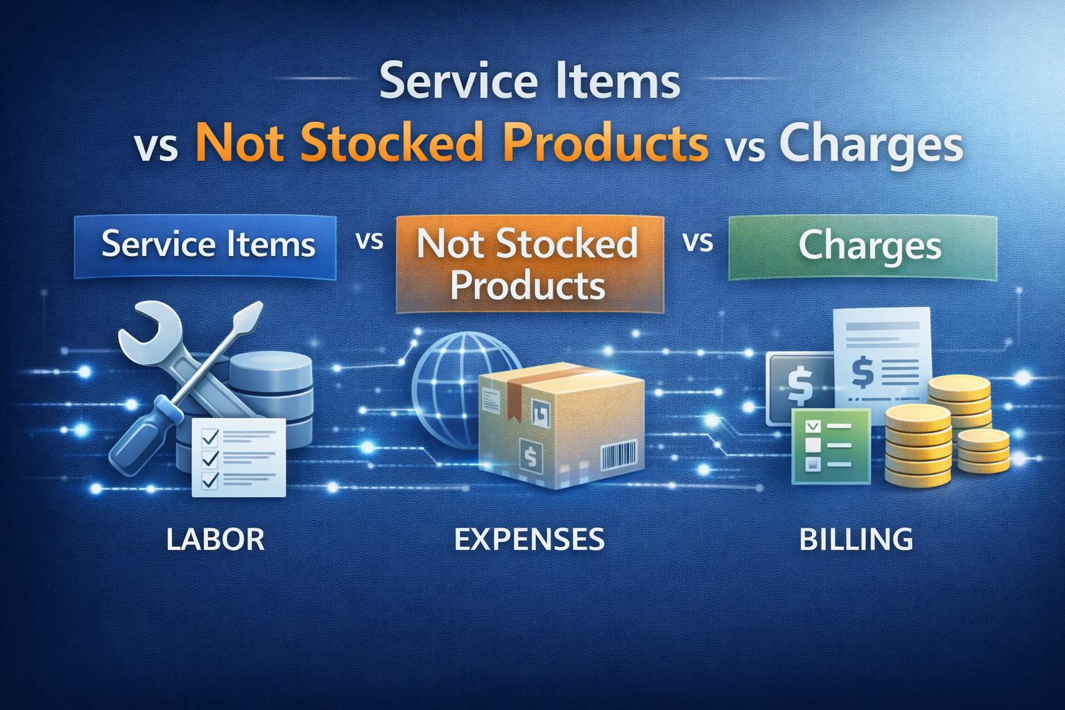 Service items vs. Not stocked Products vs. Charges